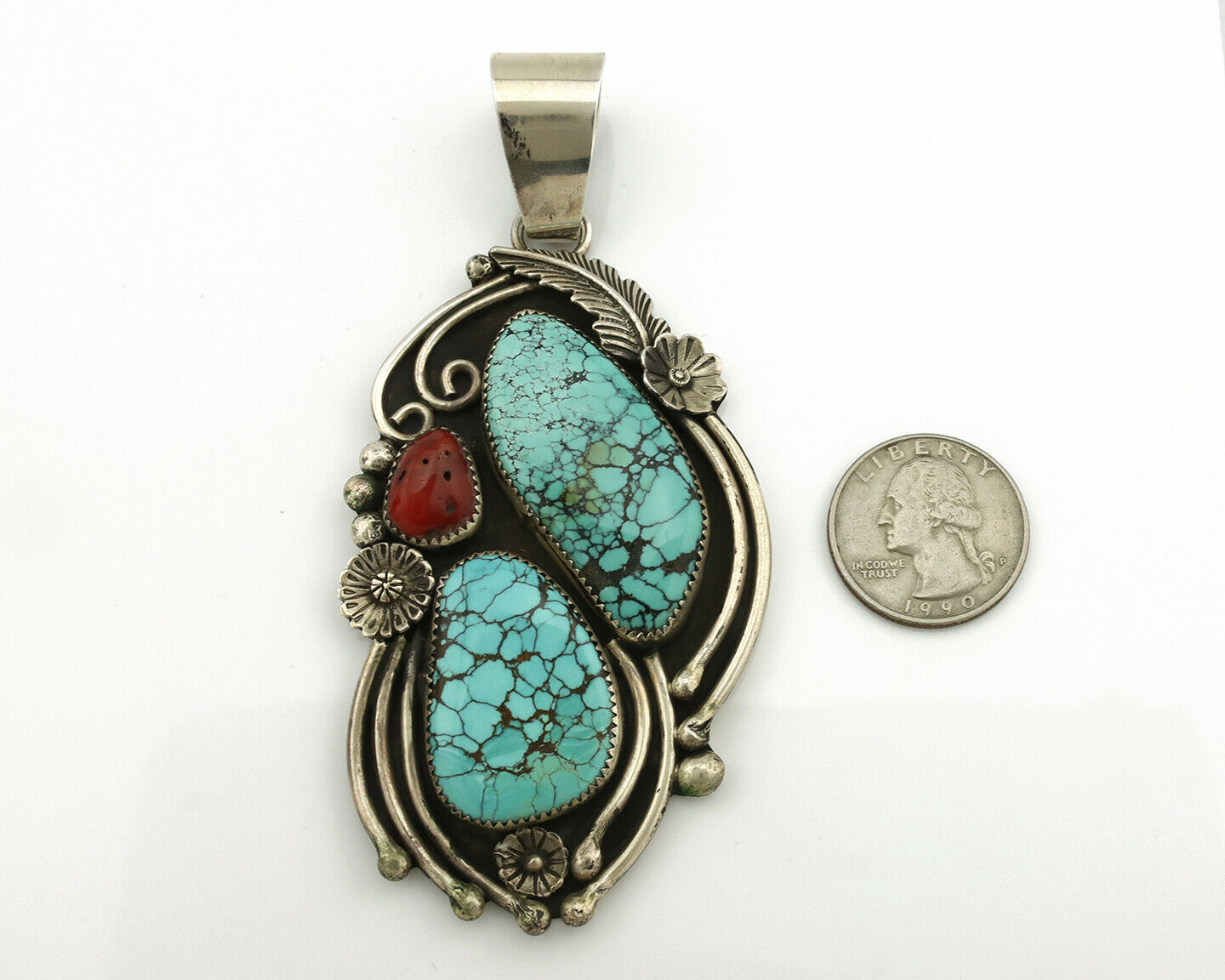 Navajo Necklace .925 Silver Spiderweb Turquoise Coral Signed JR C.80's