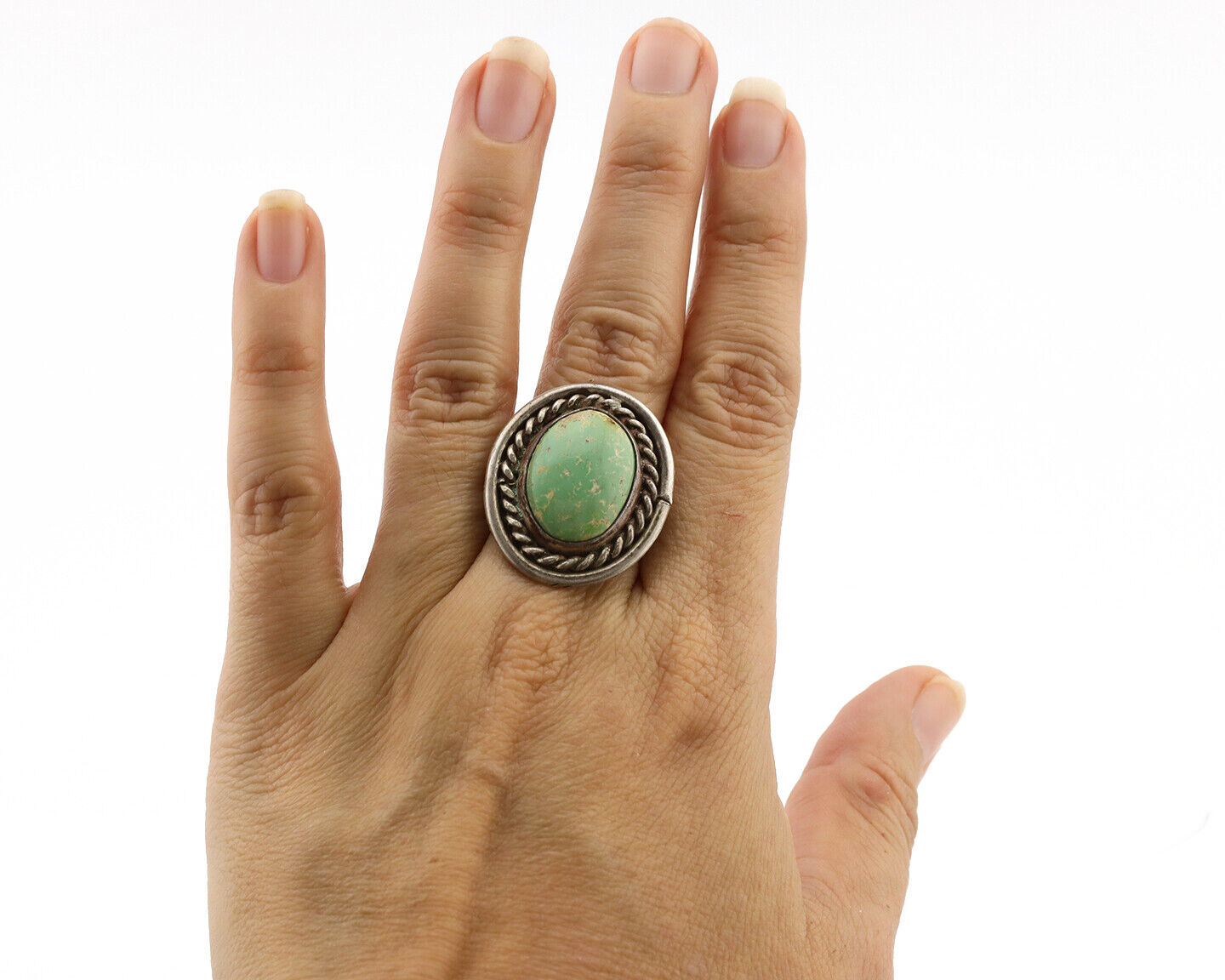 Navajo Ring .925 Silver Globe Turquoise Native American Artist C.1980's