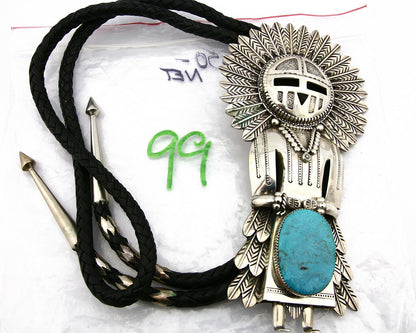 Navajo Bolo Tie .925 SOLID Silver Turquoise Artist Signed S C.80's