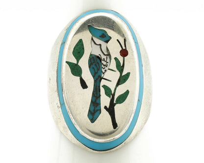 Zuni Inlaid Blue Jay Bird Ring .925 Silver Artist Henry & Linda Barber C.1980's