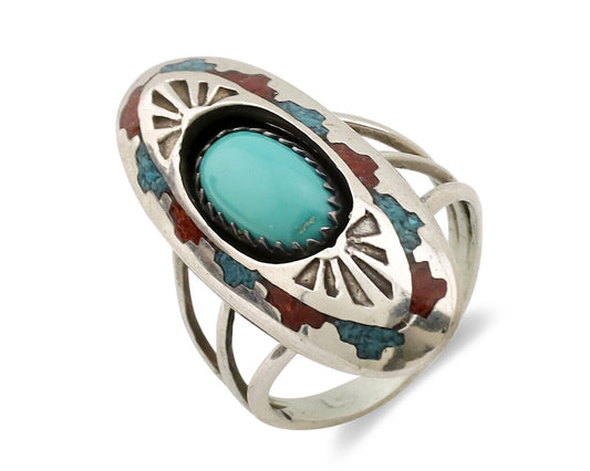 Navajo Ring 925 Silver Turquoise & Coral Signed Circle JW C.80s