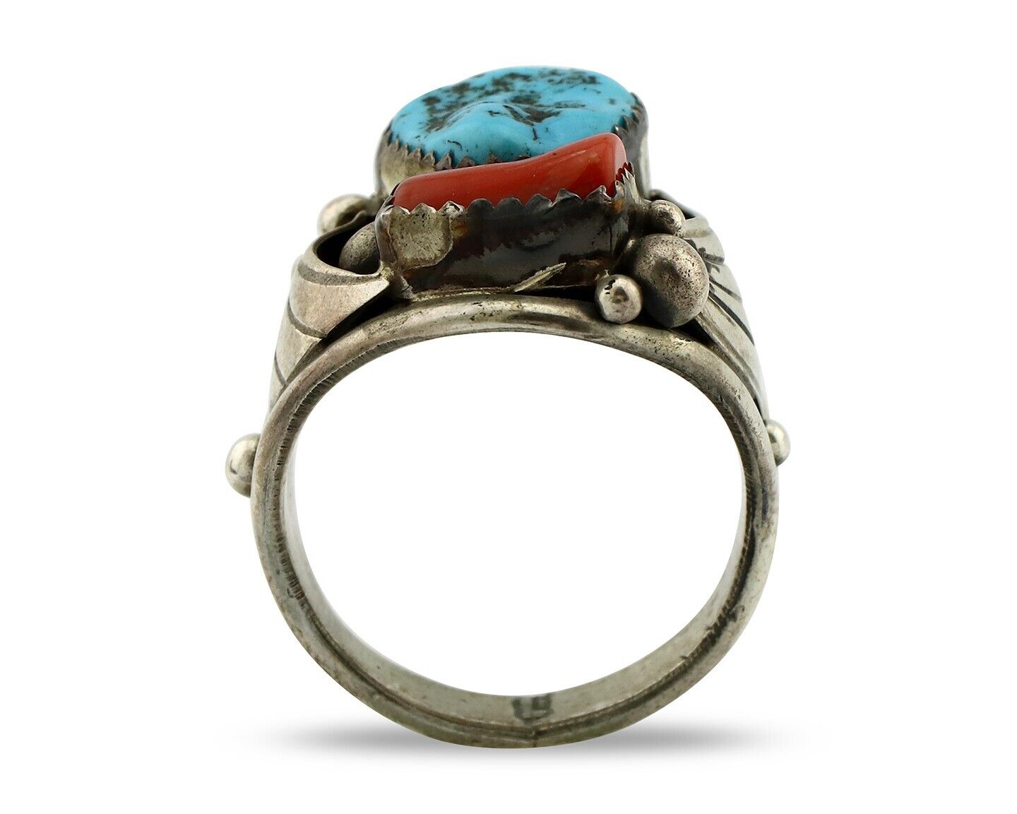 Zuni Ring 925 Silver Blue Turquoise & Coral Artsti Signed Patsy Allopowa C.80's