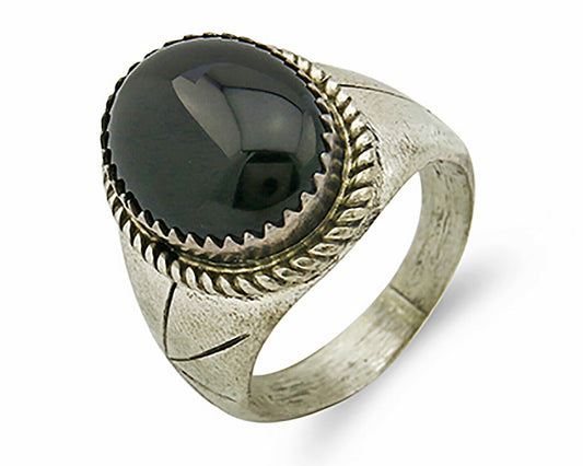 Women's Navajo Ring .925 SOLID Silver Hand Stamped Black Onyx Circa 1980's
