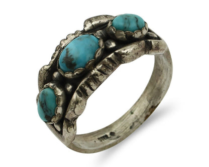 Navajo Ring .925 Silver Natural Blue Turquoise Artist Signed Sun Bell C.80's