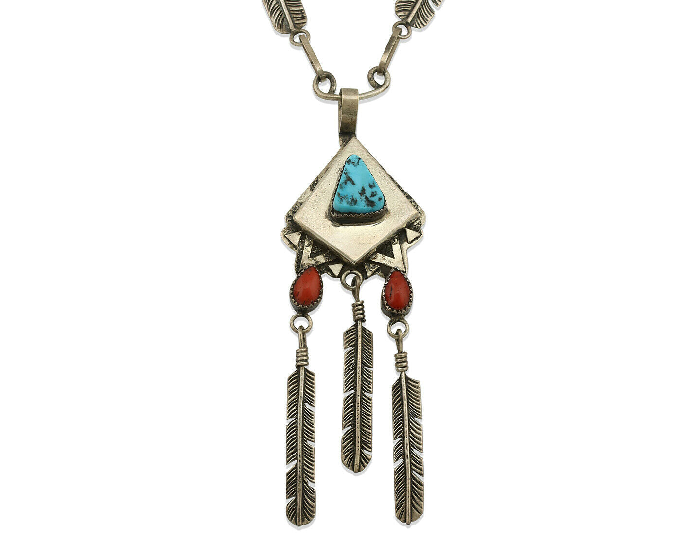 Navajo Necklace .925 Silver Red Coral & Turquoise Signed G C.1977
