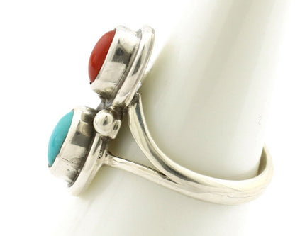 Navajo Handmade Ring 925 Silver Coral & Turquoise Native American Artist C.80's