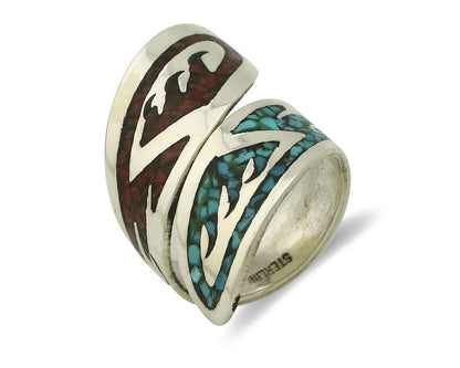 Navajo Chip Inlay Ring 925 Silver Turquoise & Coral Artist Native Artist C.80's