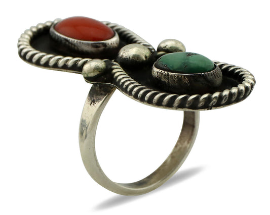 Navajo Ring 925 Silver Turquoise & Bloodstone Native Artist C.1980's
