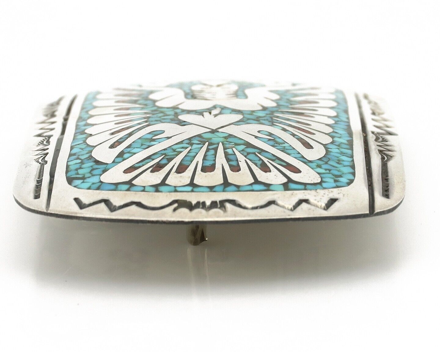 Navajo Belt Buckle .925 Silver Handmade Chip Inlay Artist Tobaco Lee C.80's