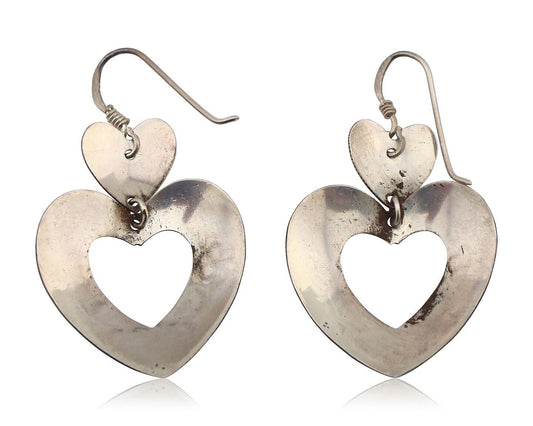 Navajo Dangle Heart Earrings Handmade 925 Silver Blue Turquoise Native Artist 80