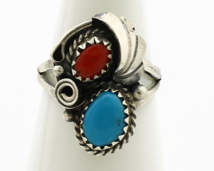 Navajo Ring .925 Silver Turquoise & Coral Artist Signed J Morris C.80's