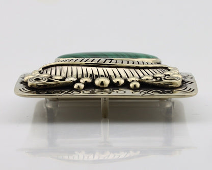 Men Navajo Belt Buckle 999 Nickel Malachite Artist Signed Teepee Handmade C80s