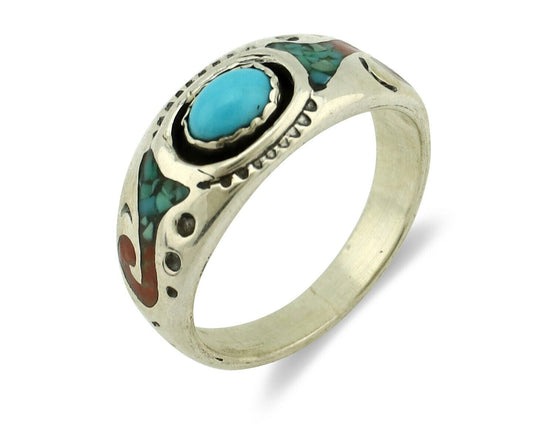 Navajo Handmade Ring 925 Silver Blue Turquoise & Coral Native American C.80's