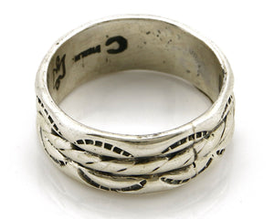 Navajo Ring .925 Silver Handmade Hand Stamped 3 Row Rope Band C.1980's Size 11