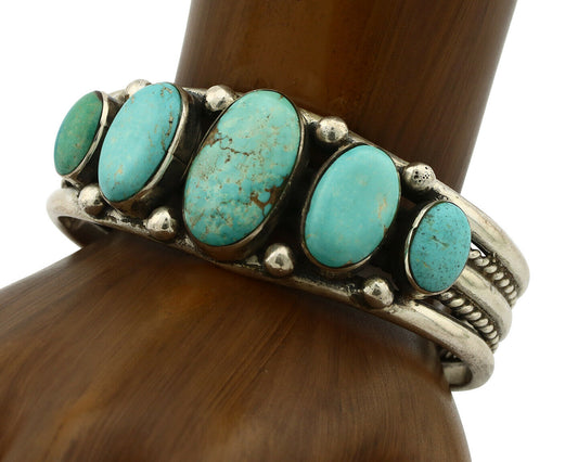 Navajo Bracelet .925 Silver Castle Dome Turquoise Artist Signed LJ C.80's