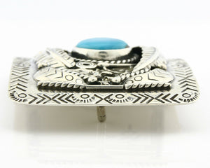 Navajo Belt Buckle .925 Silver Turquoise Mountain Artist Signed Tipi C.80's