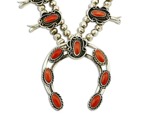Woman's Navajo Squash Necklace .925 Silver Red Coral C.80's