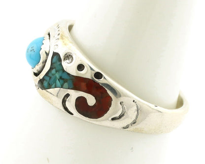 Navajo Inlay Band Ring 925 Silver Turquoise & Coral Native Artist C.80's