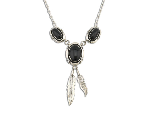 Navajo Necklace 925 Silver Black Onyx Signed Leonard & Marian Nez C.80's