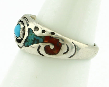 Navajo Handmade Ring 925 Silver Blue Turquoise & Coral Native American C.80's