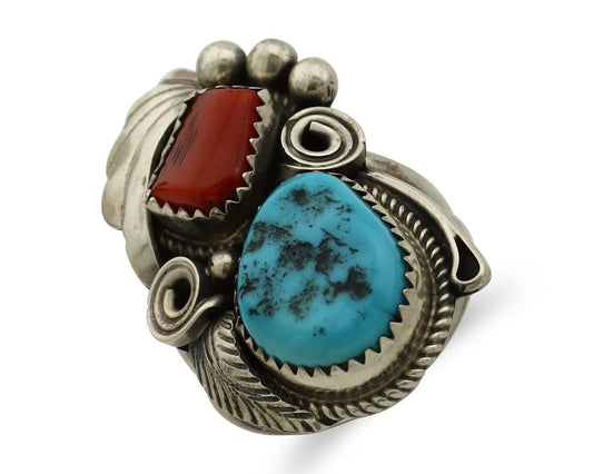 Navajo Ring 925 Silver Blue Turquiose & Coral Artist Signed Justin Morris C.80's