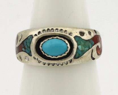 Navajo Handmade Ring 925 Silver Blue Turquoise & Coral Native American Artist