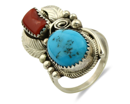 Navajo Ring .925 Silver Turquoise & Coral Artist Signed Justin Morris C.1980's