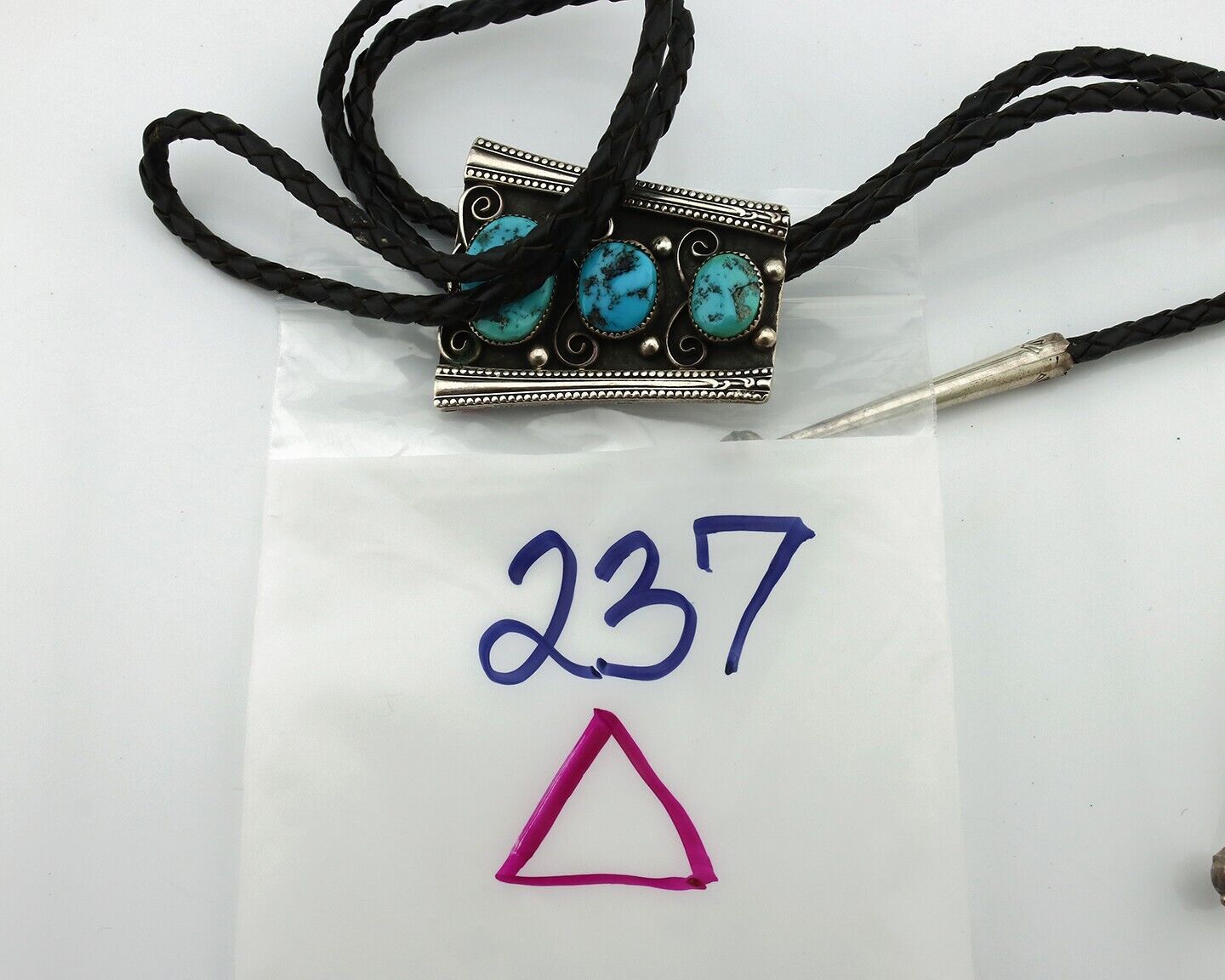Navajo Bolo Necktie 925 Silver Sleeping B Turquoise Native American Artist C.80s