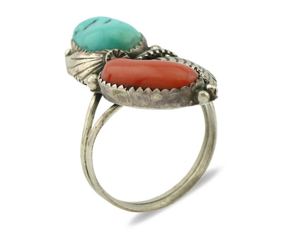 Navajo Ring .925 Silver Turquoise & Coral Artist Signed Tom Willeto C.80's