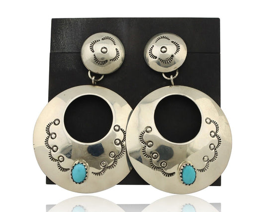 Navajo Handmade Earrings 925 Silver Blue Turquoise Signed Vera Jane C.80's