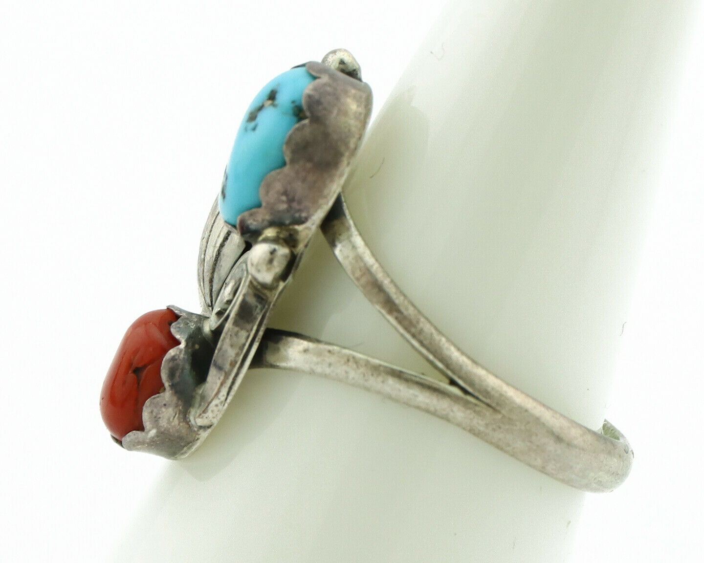 Navajo Ring .925 Silver Turquoise & Coral Native American Artist C.80's