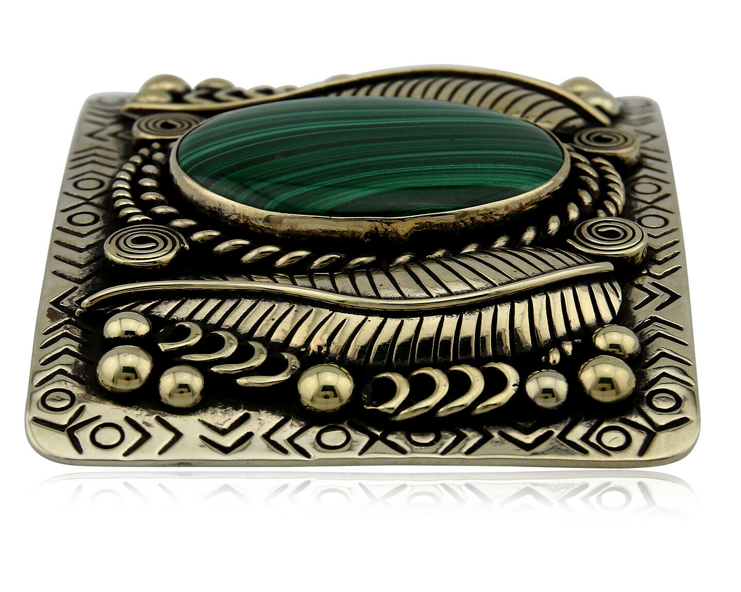 Navajo Handmade Belt Buckle .999 Nickle Silver Malachite Artist Signed Tipi C80s