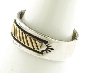Navajo Ring 925 Silver & Solid 14k Yellow Gold Artist Signed E Hand Stamped C80s