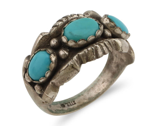 Navajo Ring .925 Silver Natural Blue Turquoise Artist Signed Sun Bell C.80's