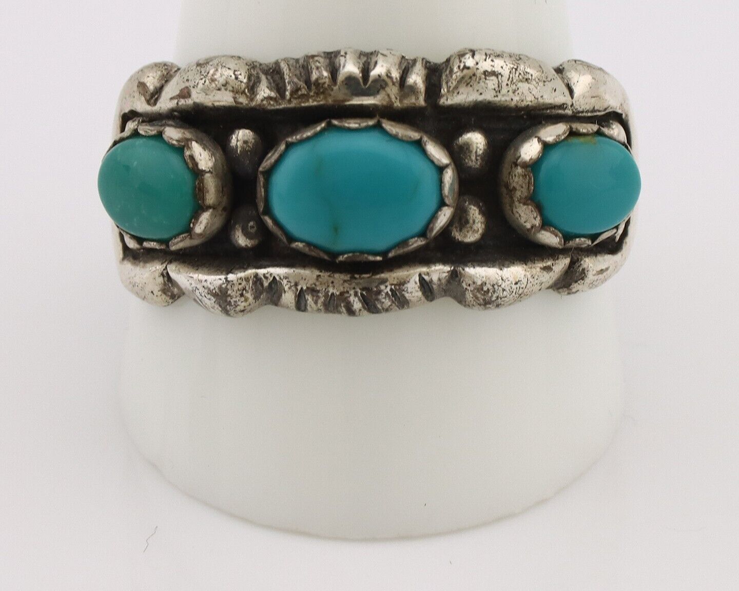 Navajo Ring .925 Silver Natural Blue Turquoise Artist Signed Sun Bell C.80's