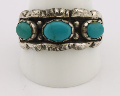 Navajo Ring .925 Silver Natural Blue Turquoise Artist Signed Sun Bell C.80's