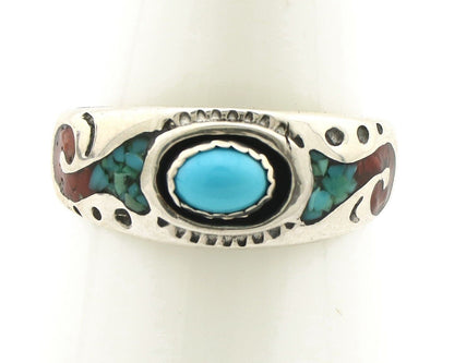 Navajo Handmade Ring 925 Silver Blue Turquoise & Coral Native American C.80's