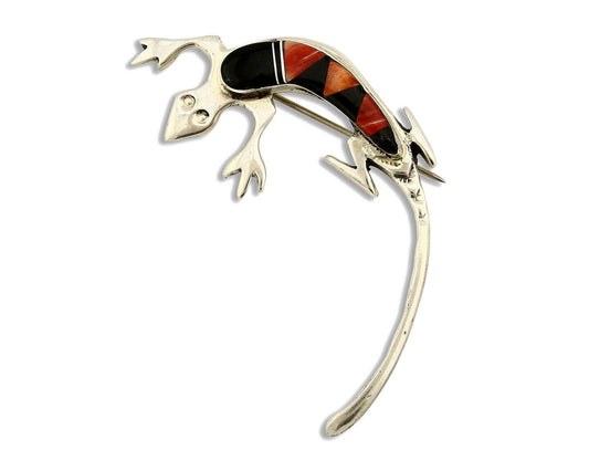 Navajo Lizard Brooch Pin 925 Sterling Silver Multi Stone Inlay Wilbur Muskett Jr