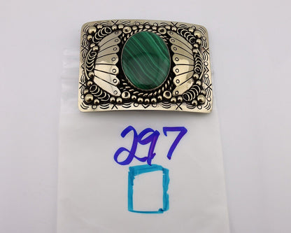 Men Navajo Belt Buckle 999 Nickel Malachite Artist Signed Teepee Handmade C80s