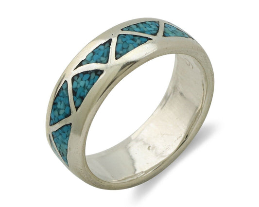 Navajo Chip Inlay Ring 925 Silver Sleeping Beauty Turquoise Artist Silver Cloud