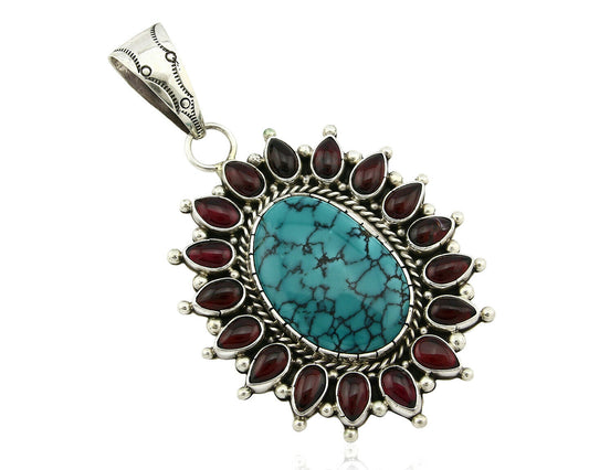 Navajo Pendant .925 Silver Natural Turquoise & Garnet Signed Artist BP C.80's