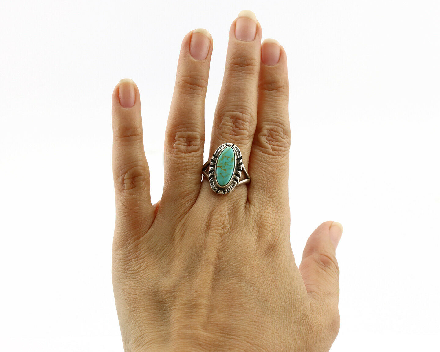 Navajo Ring .925 Silver Kingman Turquoise Artist Signed Gecko C.90's