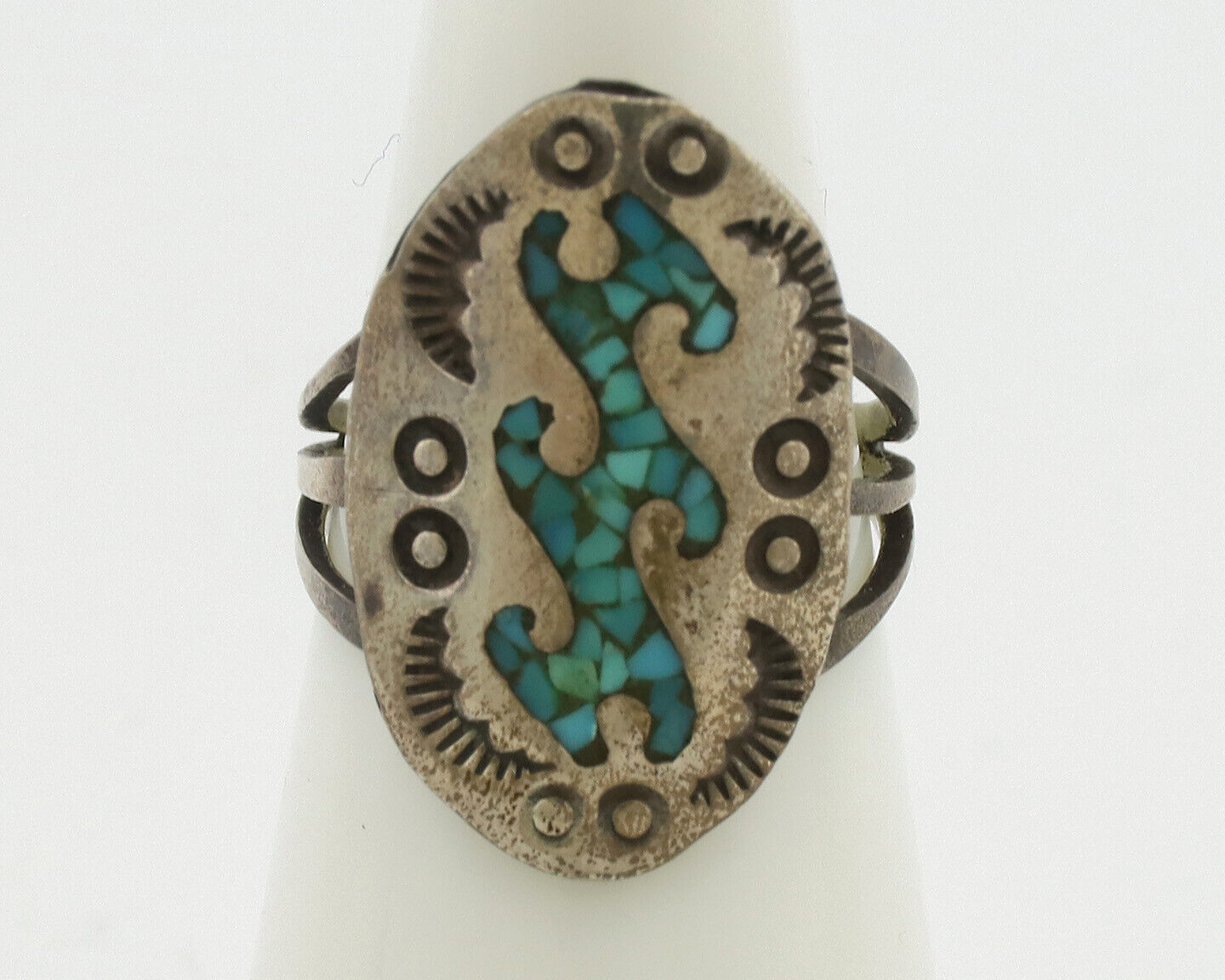 Small Navajo Ring 925 Silver Chip Inlay Turquoise Artist Signed NAKAI C.80's