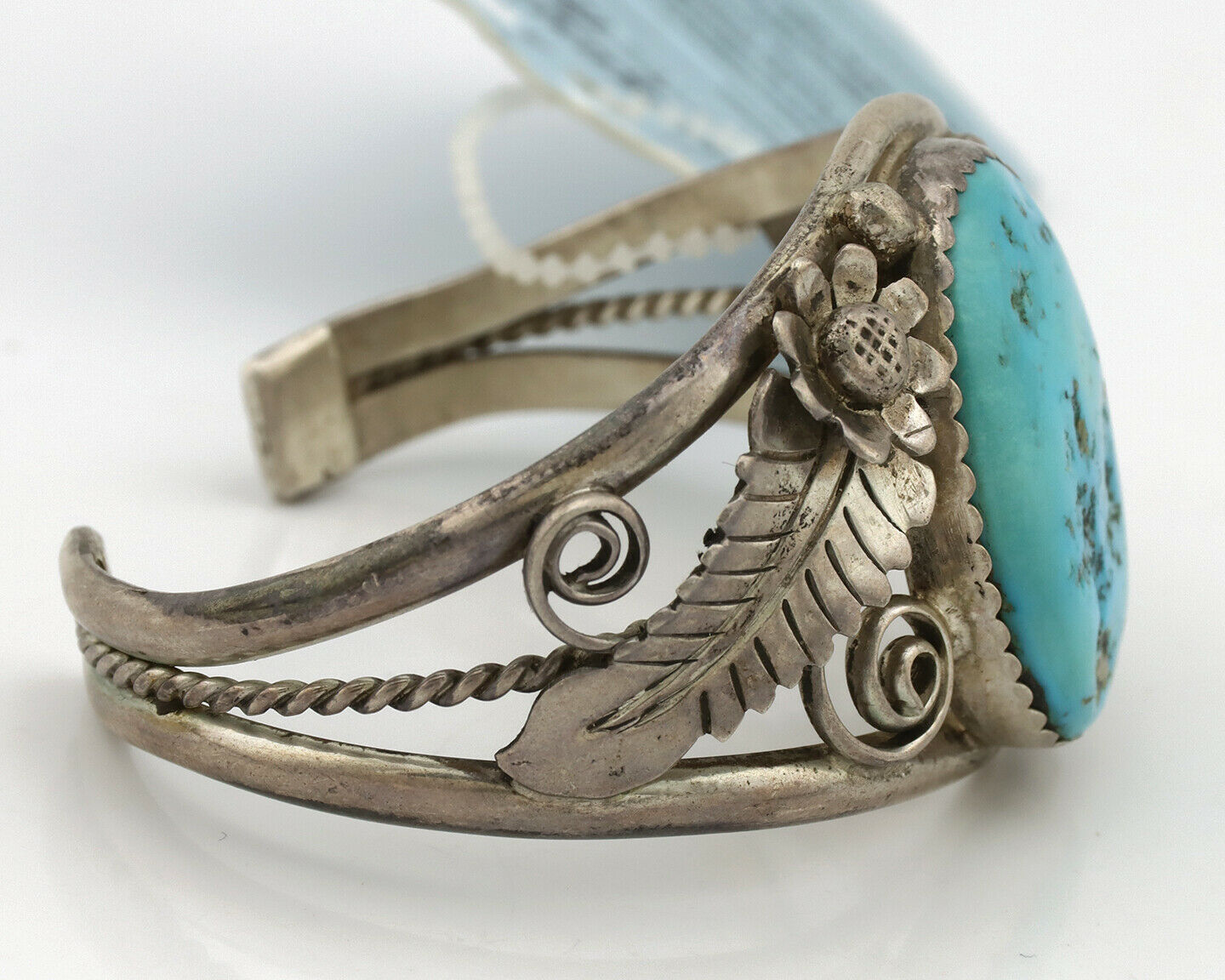 Navajo Bracelet .925 Silver Sleeping Beauty Turquoise Artist Signed T C.80's