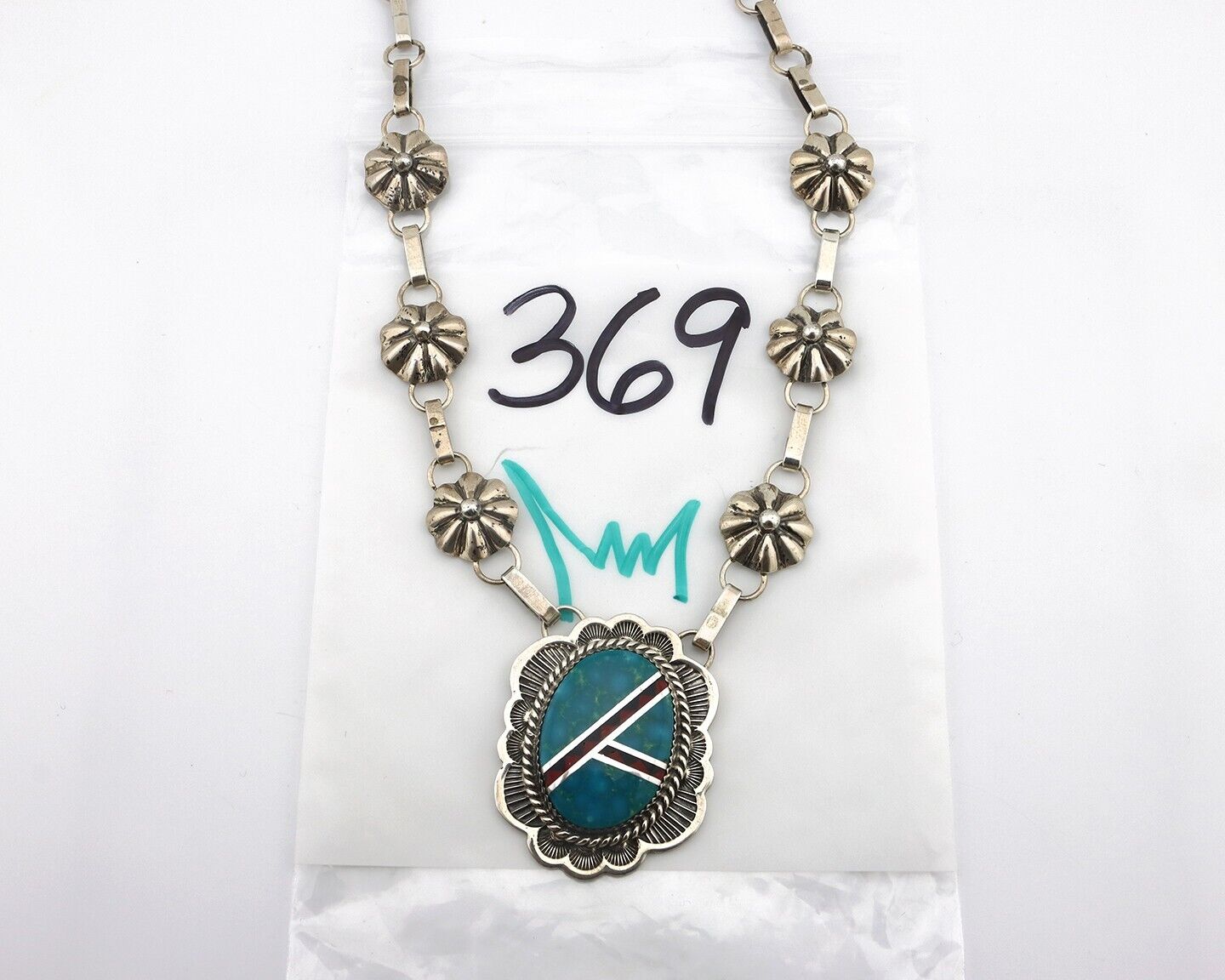 Navajo Necklace 925 Silver Blue Gem Turquoise, Onyx, Coral Signed M Begay C.80's
