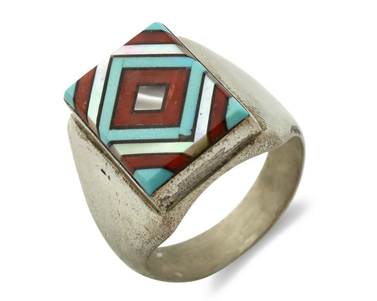 Zuni Inlaid Ring .925 Silver Gemstone Artist Varden Vacit C.1980's