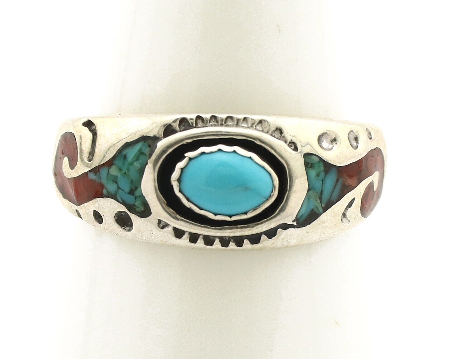 Navajo Handmade Ring 925 Silver Blue Turquoise & Coral Native American C.80's