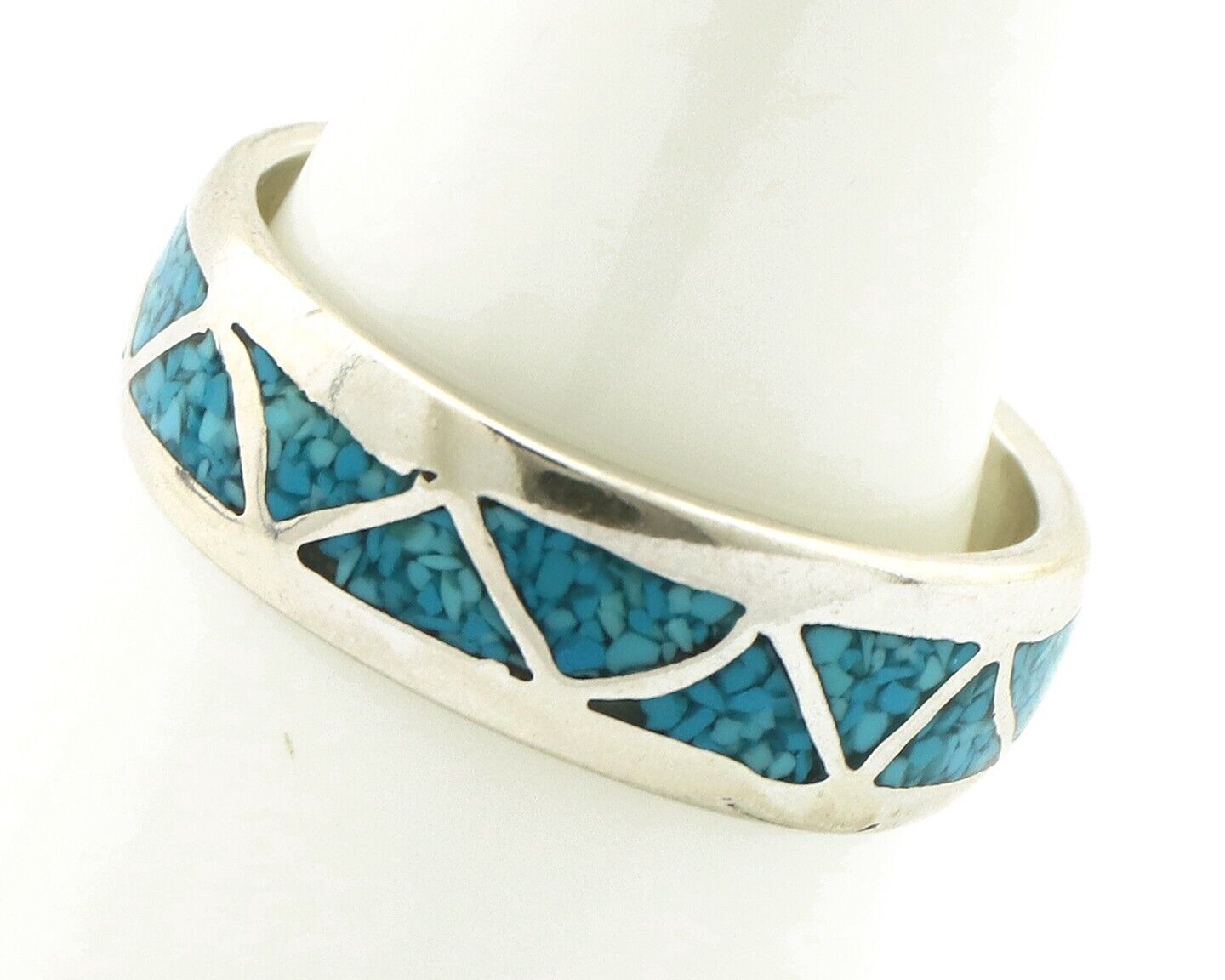 Navajo Chip Inlay Ring 925 Silver Sleeping Beauty Turquoise Artist Silver Cloud
