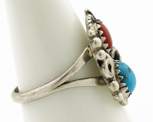 Navajo Ring .925 Silver Morenci Turquoise & Coral Native Artist Signed JM C.80's