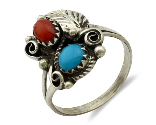 Navajo Ring .925 Silver Morenci Turquoise & Coral Native Artist Signed JM C.80's